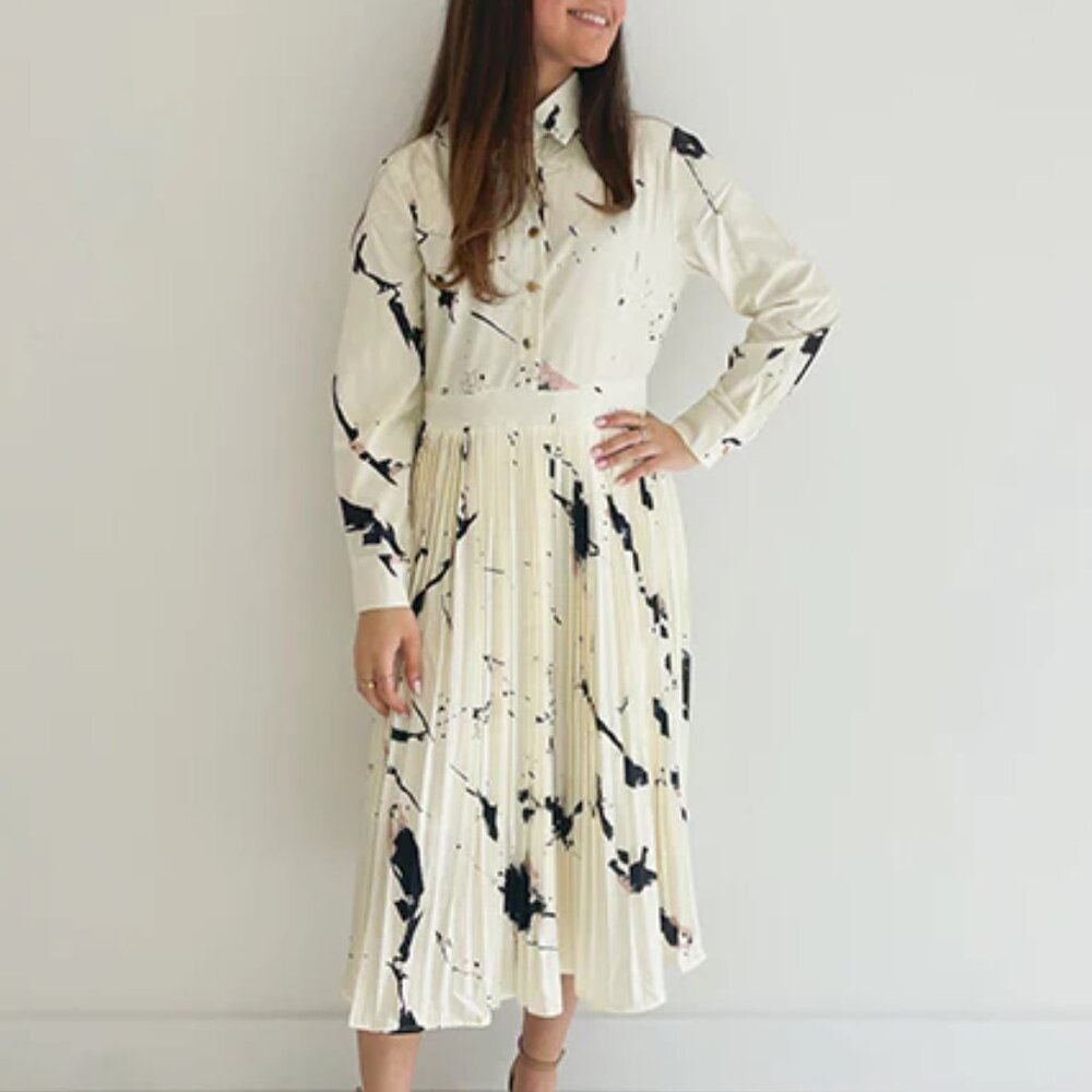 WHITE AND BLACK SPLATS LONG SLEEVE PLEATED DRESS